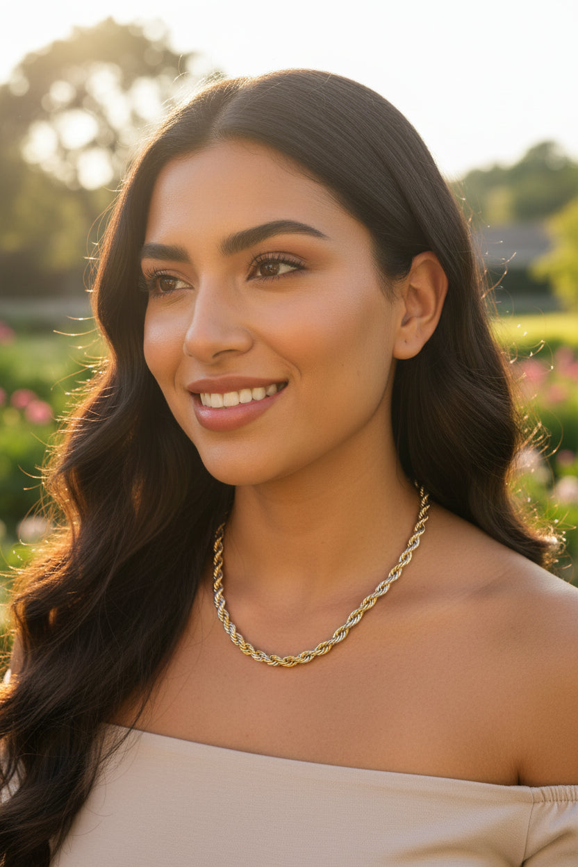 Silver/Gold Twist Rope Chain Necklace (Stainless Steel) — 24" (3mm, 4mm, 5mm)
